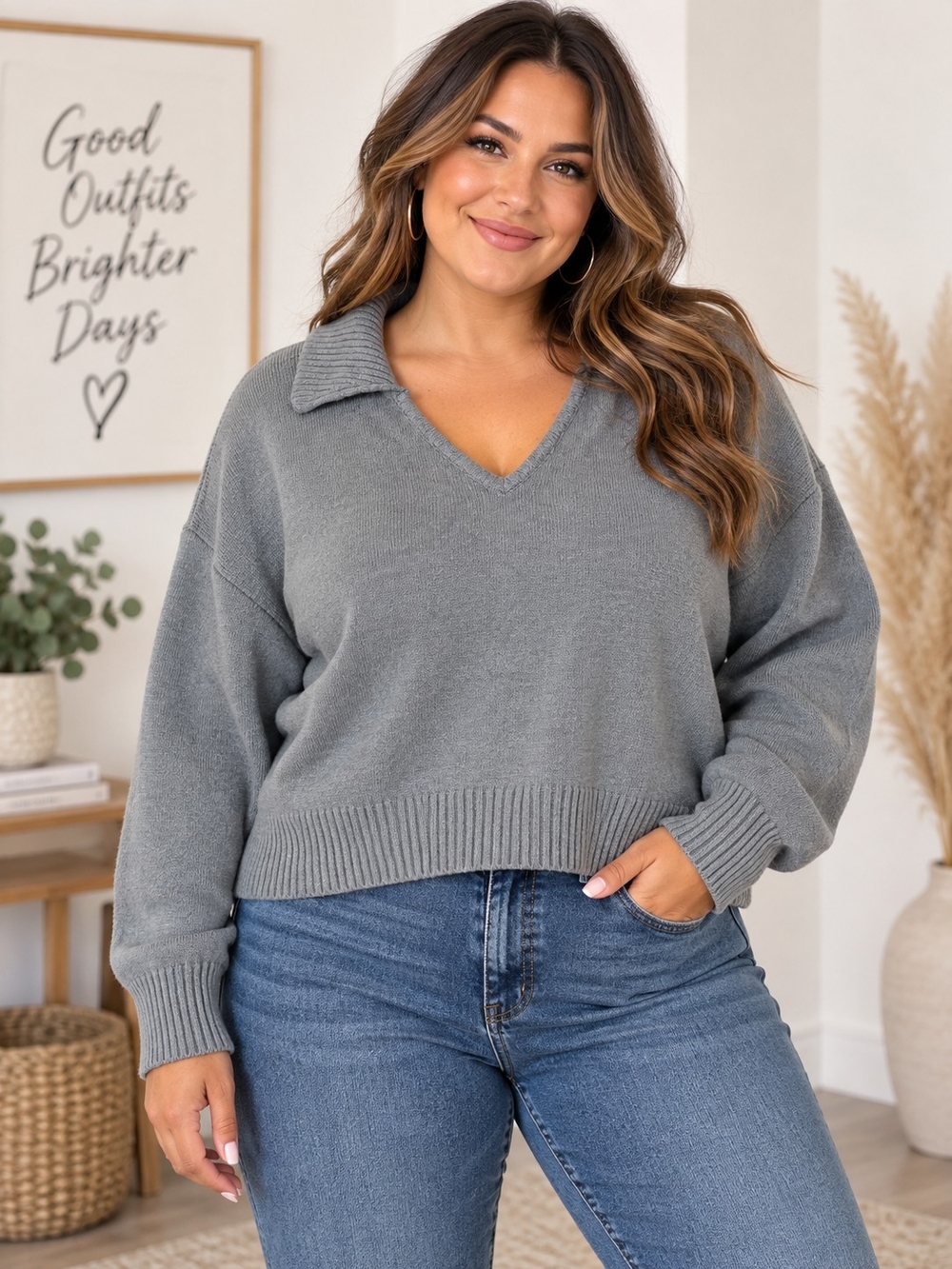 A197. Universal Thread Cropped Collar Sweater Gray 1X NWT